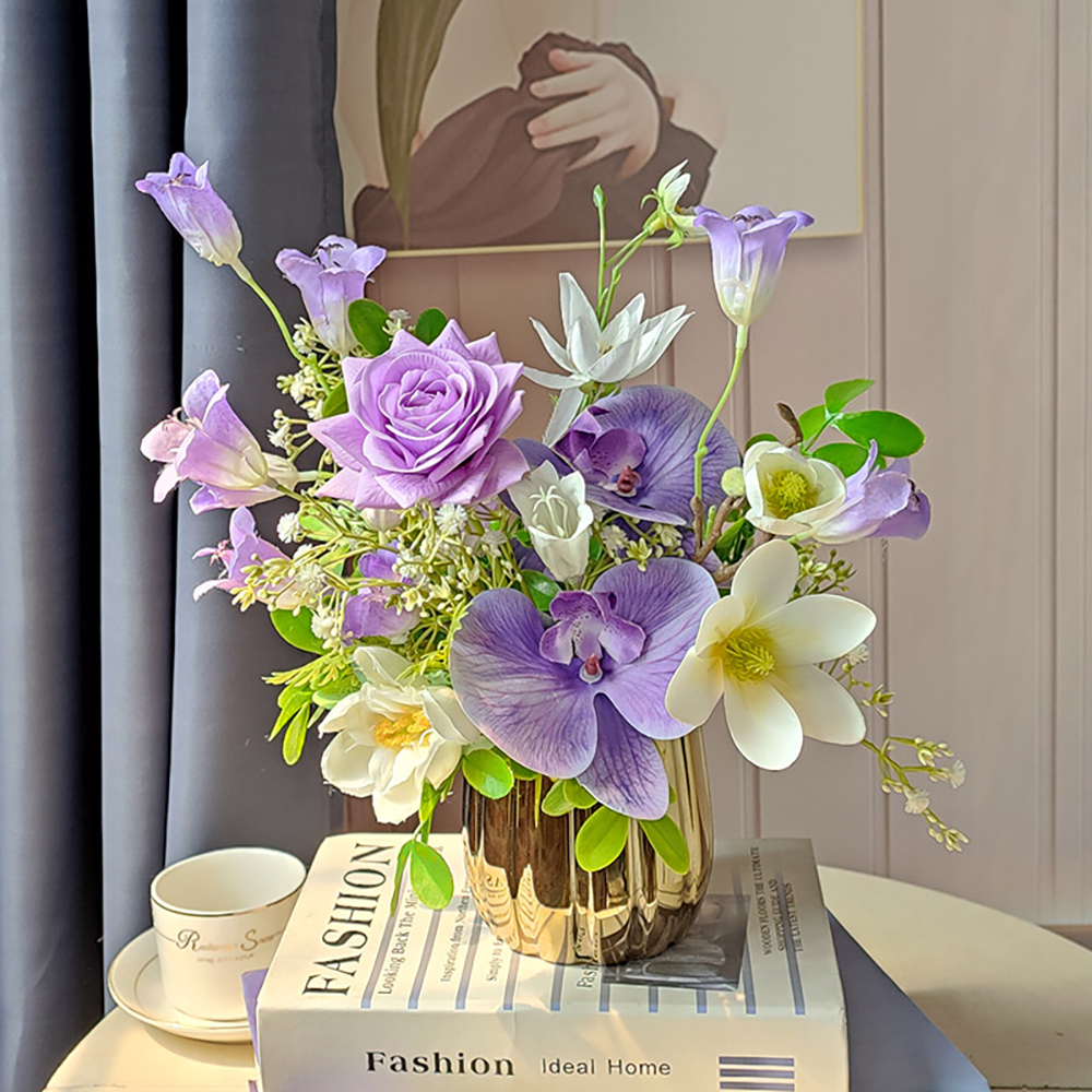 Purple Artificial Flower Arrangement in Gold Vase Fake Flower Dining Table Centerpiece