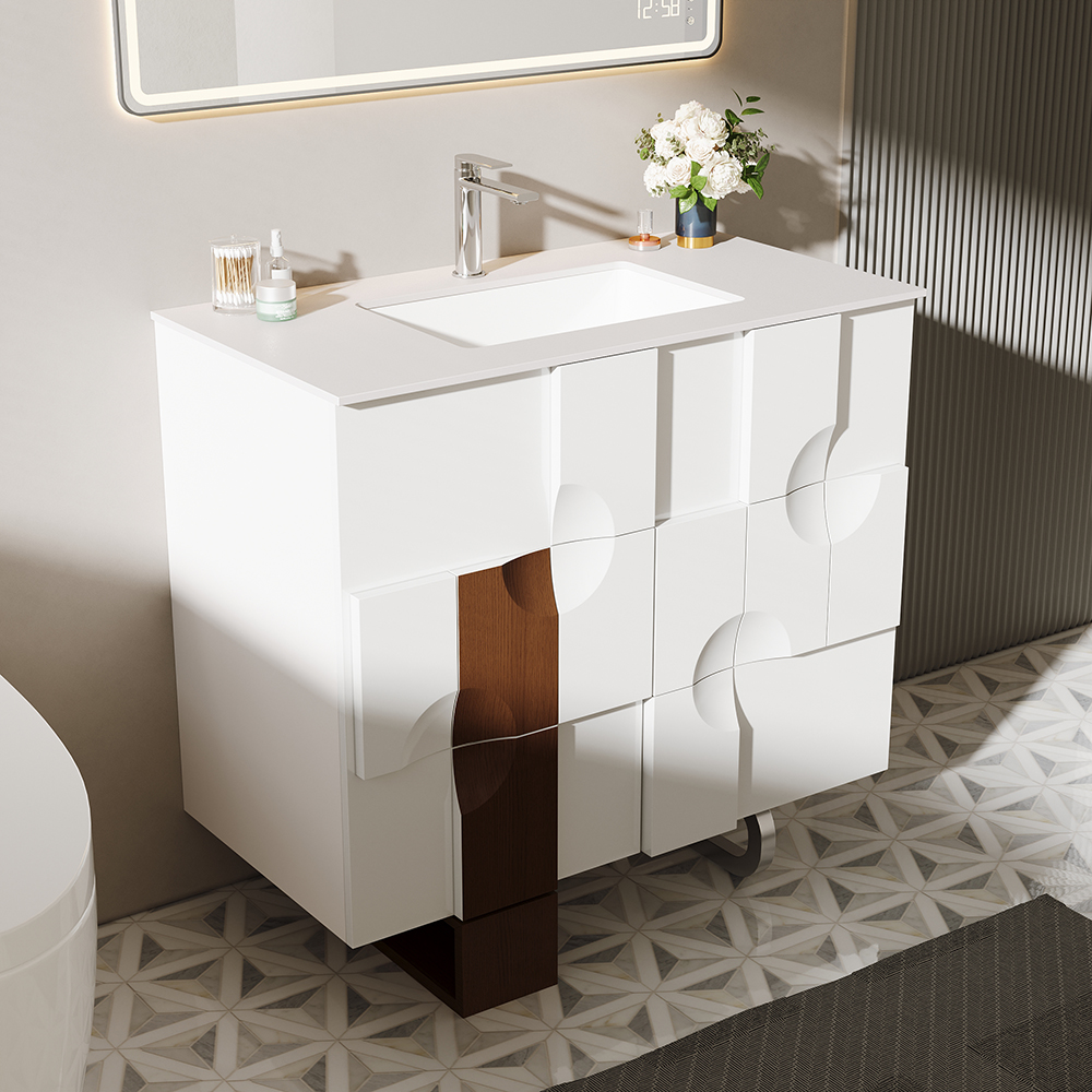 35" Freestanding Bathroom Vanity with Ceramics Undermount Sink in White & Walnut