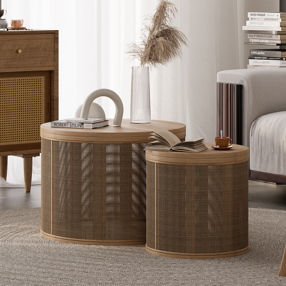 Japandi Rattan 2 Piece Coffee Table Flip-top Wood Cocktail Table Set in US
