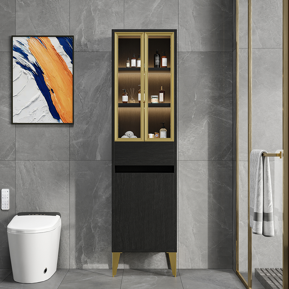 Freestanding Bathroom Storage Cabinet with LED Lighted in Black & Gold