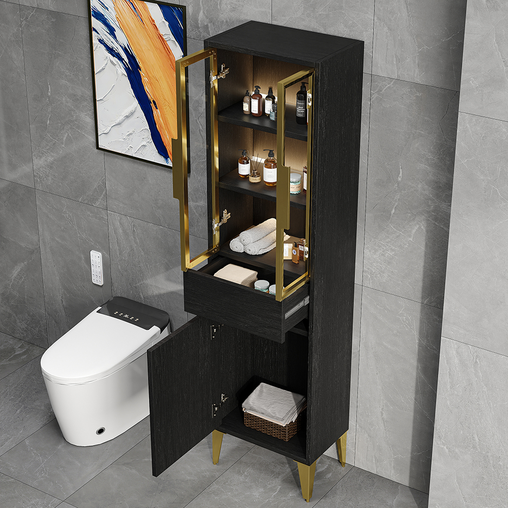 Freestanding Bathroom Storage Cabinet with LED Lighted in Black & Gold