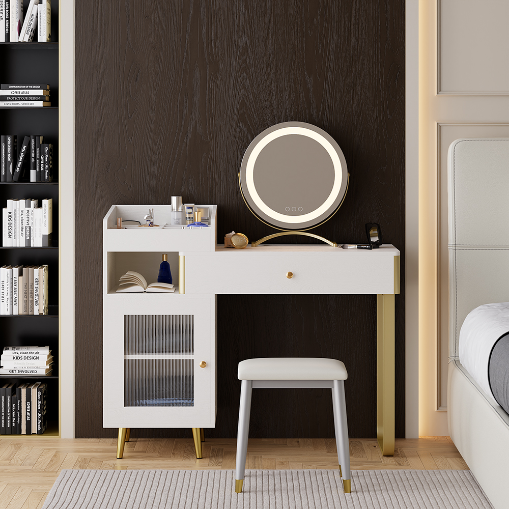 Modern White Retractable Makeup Vanity Set With Side Cabinet Dressing Table With Stool Mirror in US