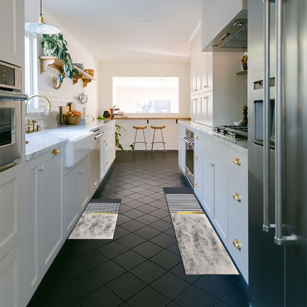 2 Pieces Modern Geometric Gradient Gold Washable Kitchen Runner Mats Non-slip Rug Set 