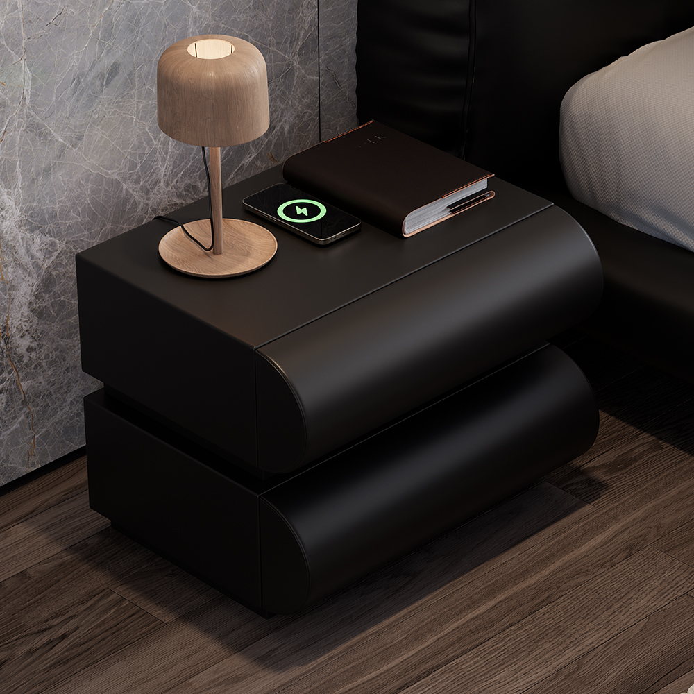 Modern Black Leather Smart Nightstand with Wireless Charger 2 Drawers Bedside Table with USB & Type-C Ports Set of 2