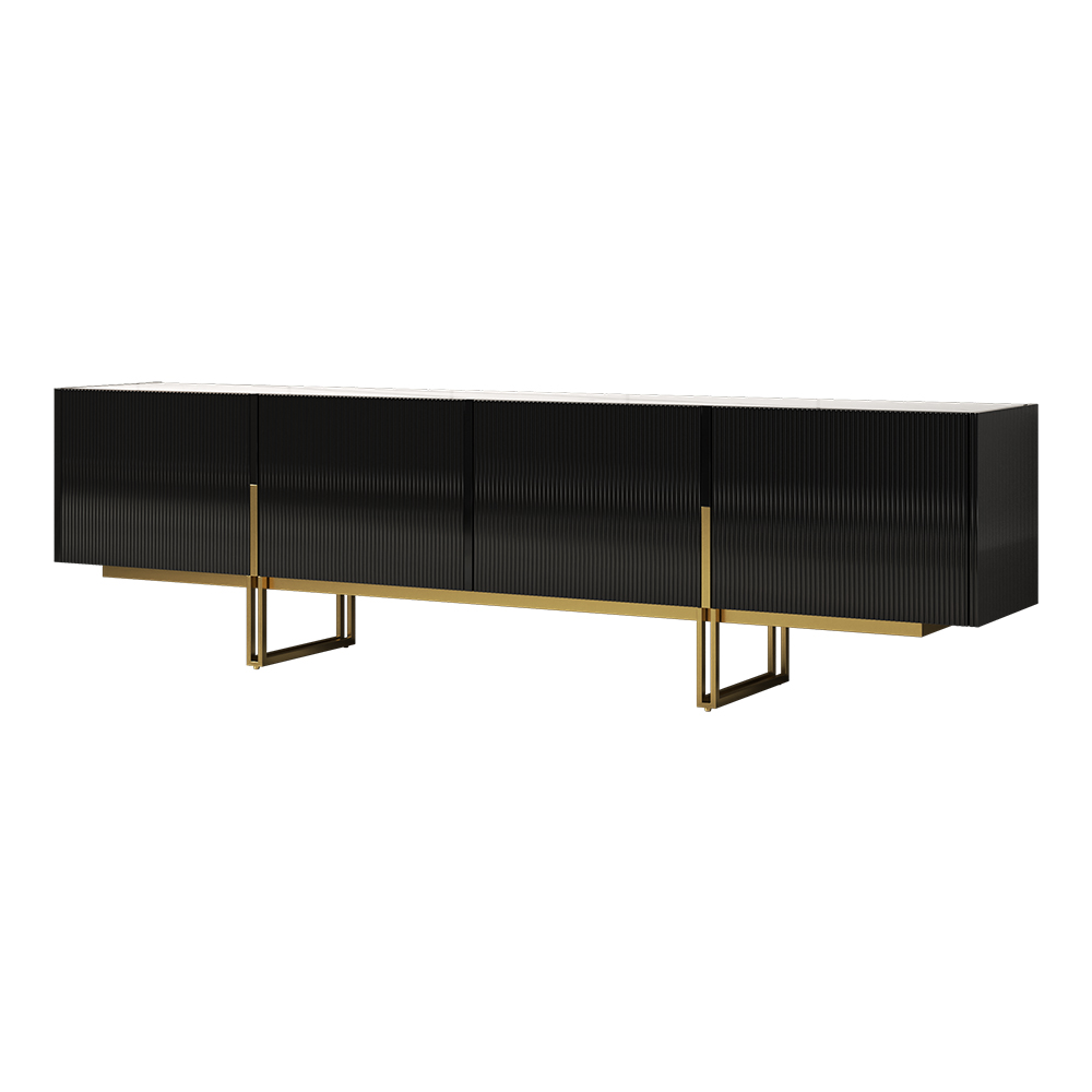 94.5" Stone Top Black TV Stand Minimalist Media Console with 4 Doors & 6 Shelves