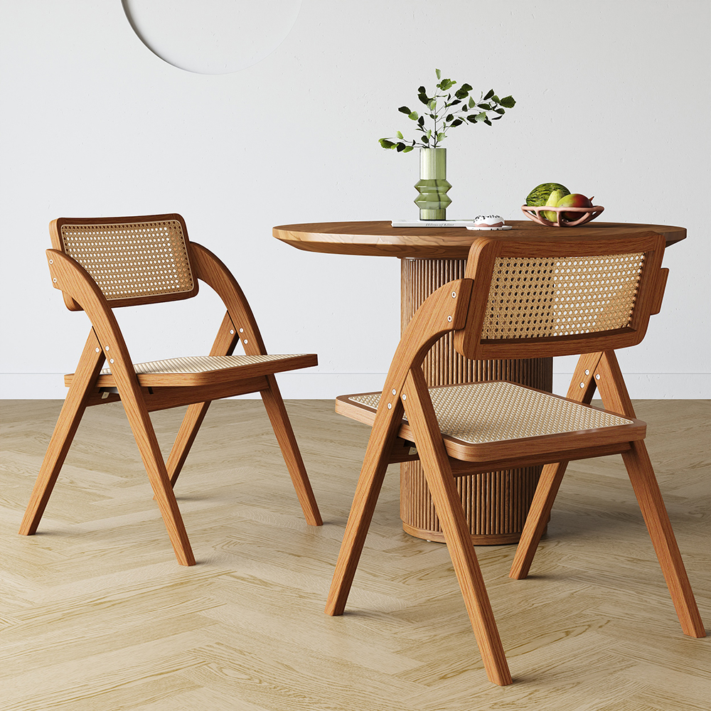 Japandi Walnut Folding Dining Chair Solid Wood Rattan Side Chair 6-Pieces