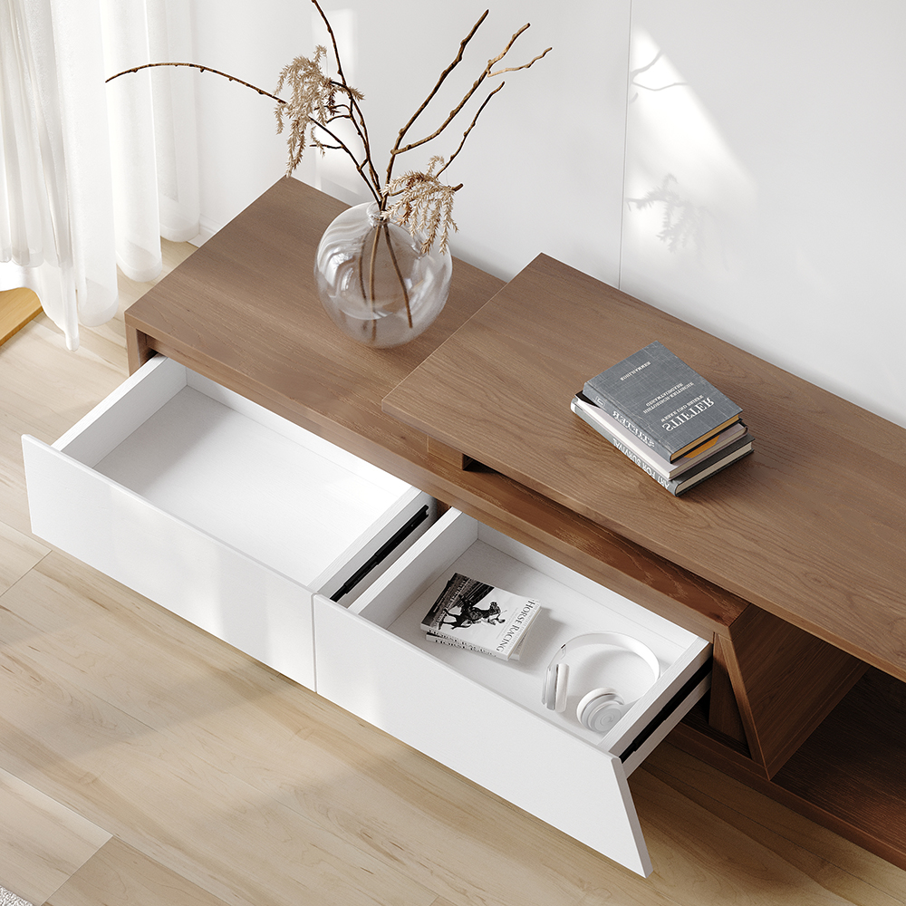 Up to 120" Extendable White & Walnut TV Stand Minimalist Floor Media Console with 3 Drawers