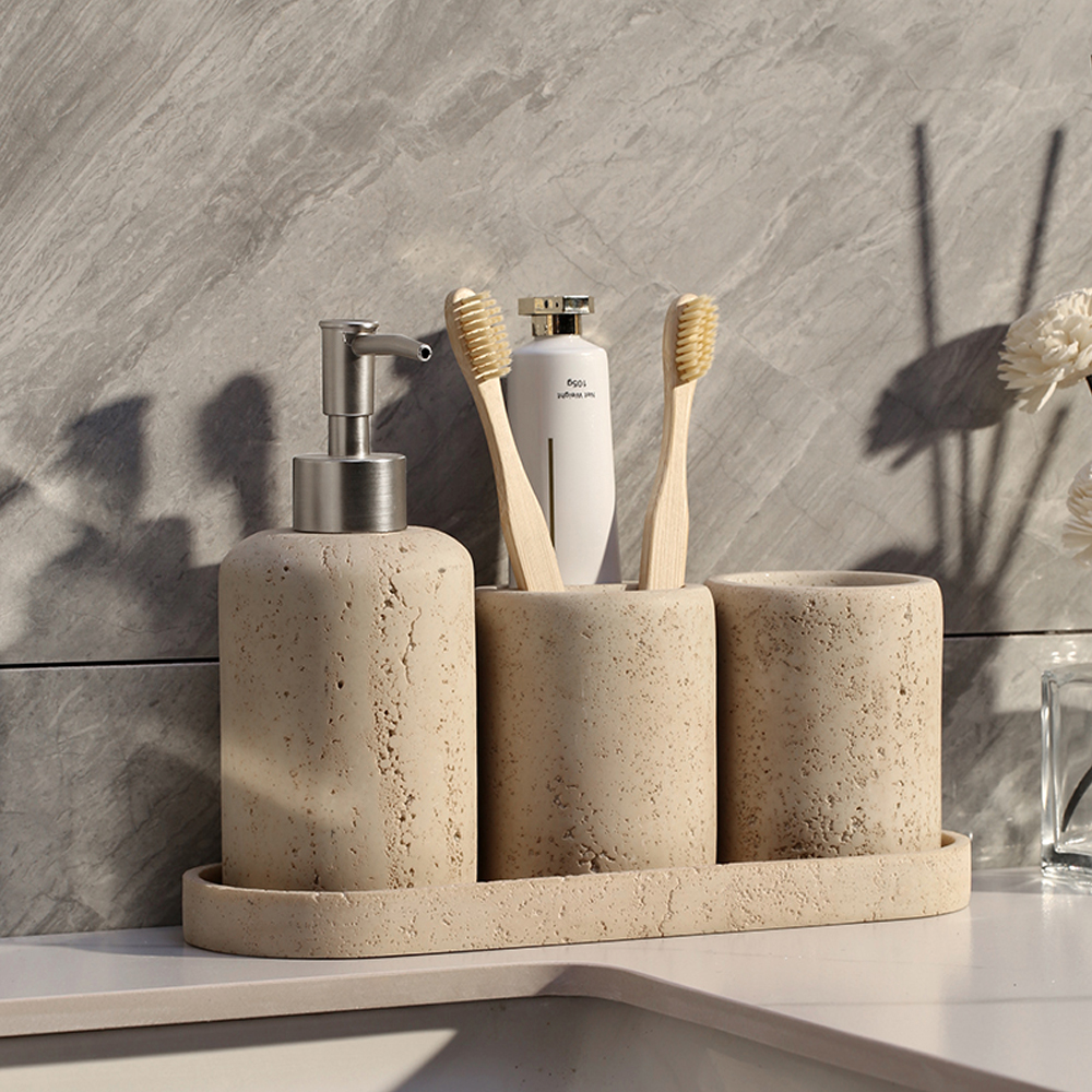 Set of 4 Travertine Bathroom Accessories Soap Dispenser Toothbrush Holder Cup Tray in US