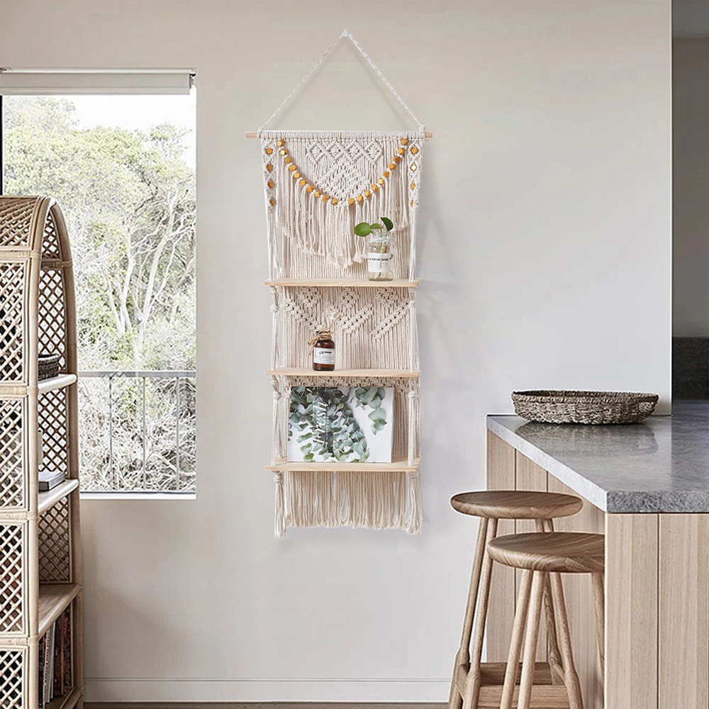 43inch Wall Hanging Plant Shelf 3-Tier Macrame Floating Shelf
