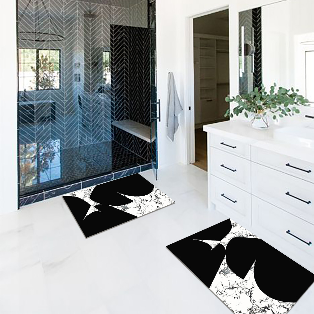 2-Piece Black & White Geometric Bath Mat Set with Marble Texture Non-Slip & Absorbent Rug
