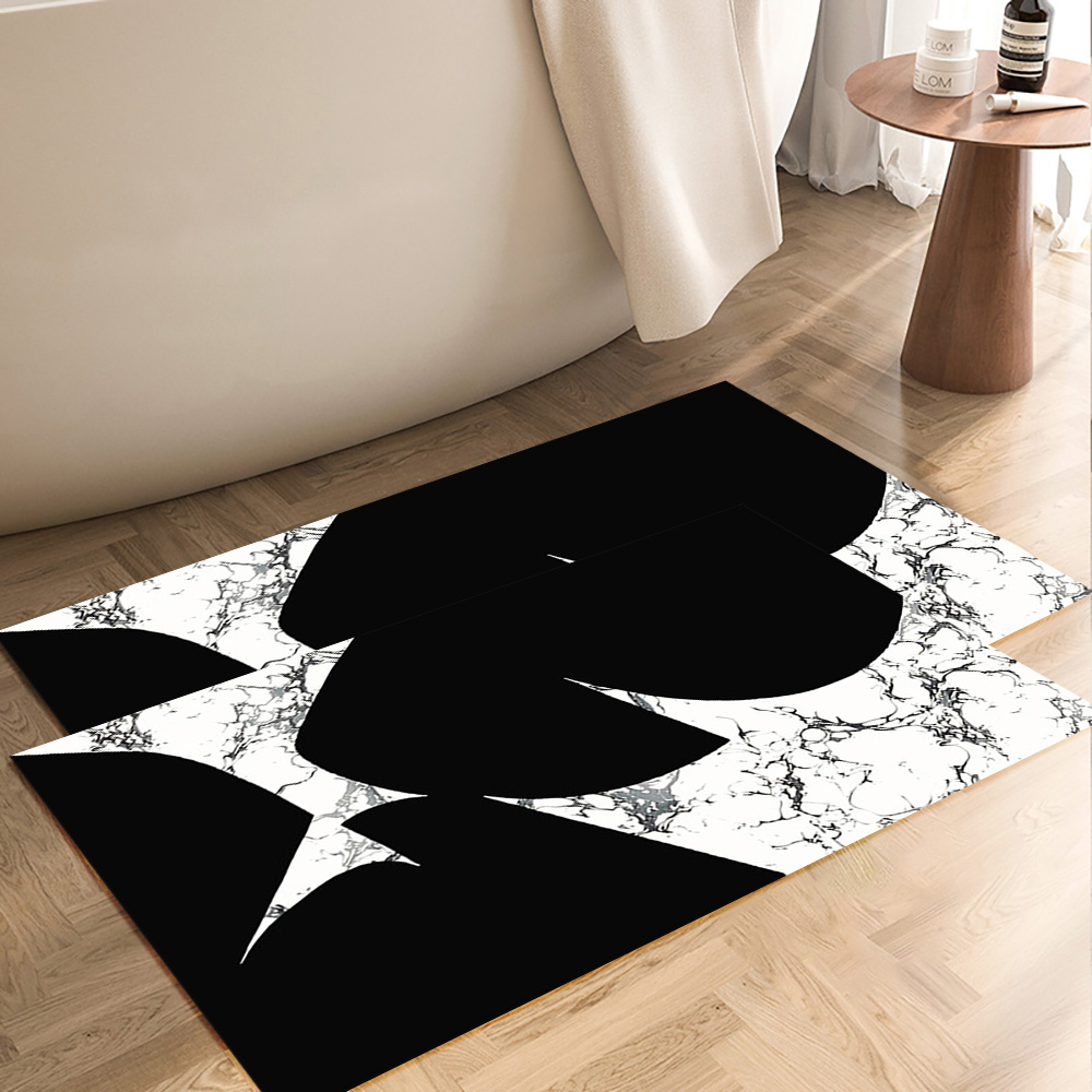 2-Piece Black & White Geometric Bath Mat Set with Marble Texture Non-Slip & Absorbent Rug