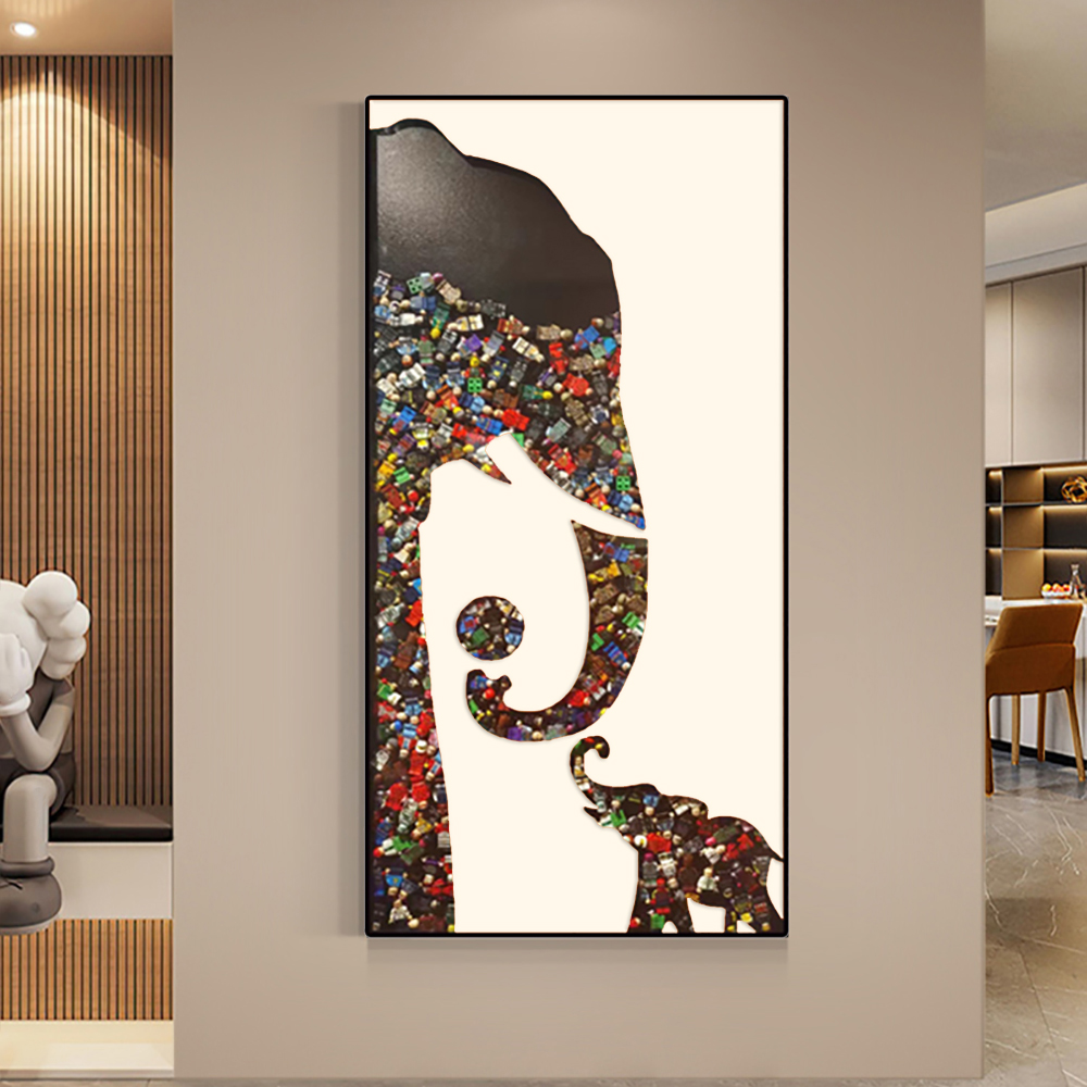 Goreal Elephant Building Blocks Wall Decor Art Abstract Geometric Painting with Frame