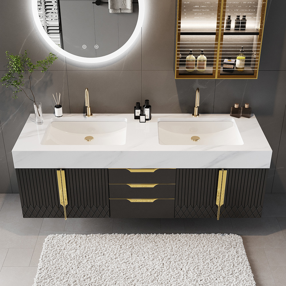 59" Bathroom Vanity Wall Mounted Cultured Marble Top with Double Sink Drawers Black