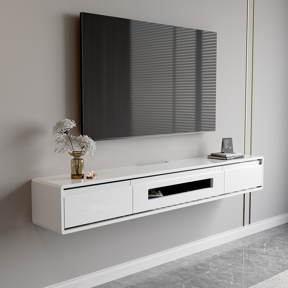 59.1" White Tv Stand Postmodern Minimalist Floating Media Console With Storage in US