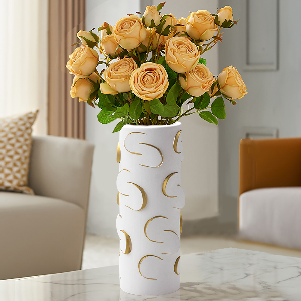 13.4" White & Gold Resin Cylinder Flower Vase Modern Decor Art Living Room Bedroom