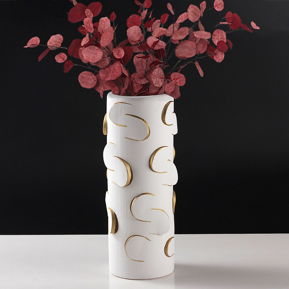 13.4" White & Gold Resin Cylinder Flower Vase Modern Decor Art Living Room Bedroom