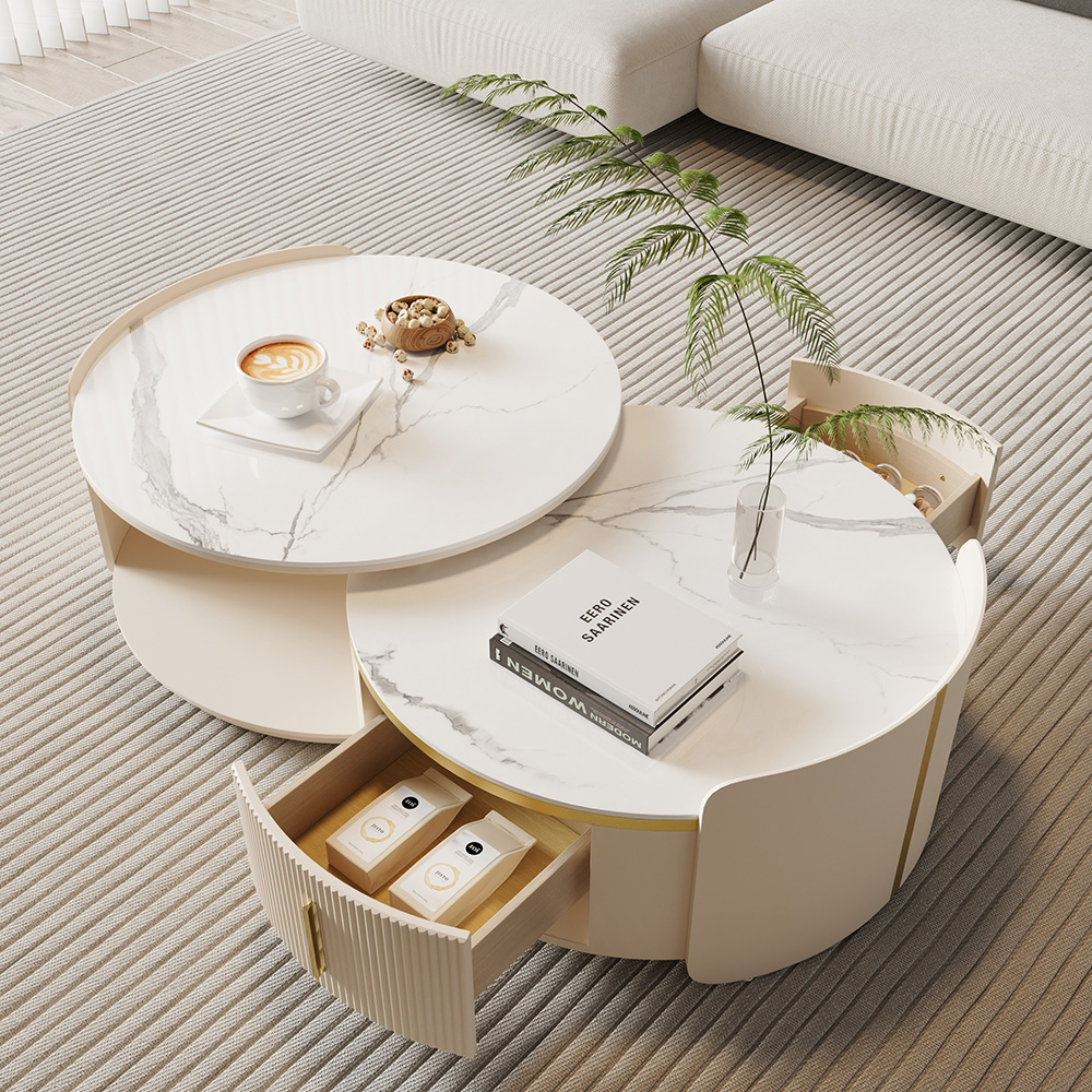 Round Modern Sintered Stone Top Nesting Coffee Table Fluted with Drawer in Off White &amp; Gold