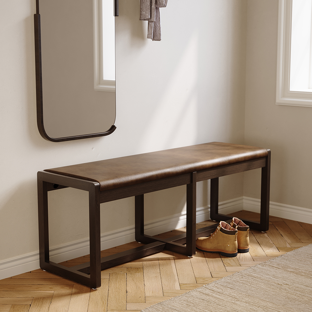 Banco para recibidor moderno de madera de nogal de estilo de mediados de siglo, de 1200 mm, tapizado en piel sintética y patas de madera de fresno