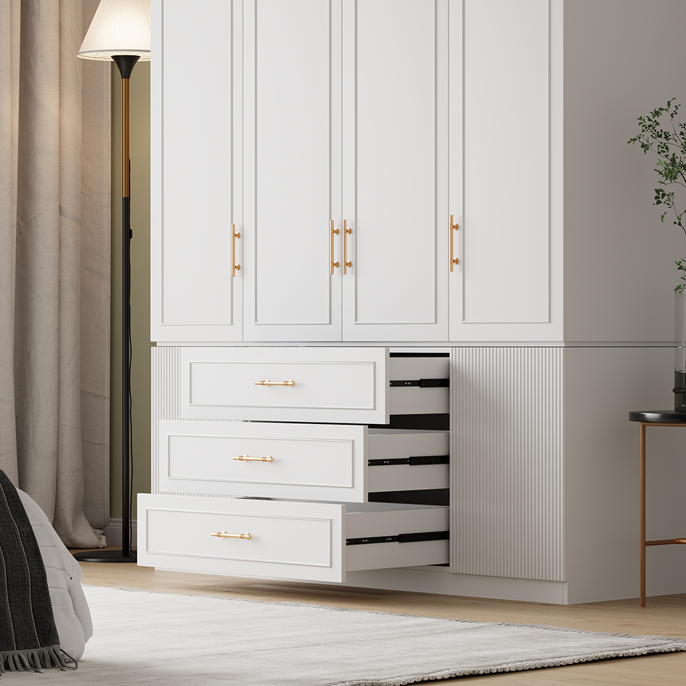 Modern Luxury White Wide Armoire Clothes Cabinet with 3 Drawers & 6 Doors
