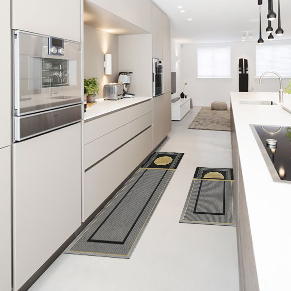 2 Pieces Modern Dark Gray Kitchen Runner Mats Non-slip Geometric Kitchen Rug Set
