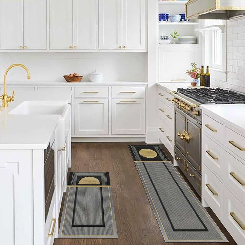 2 Pieces Modern Dark Gray Kitchen Runner Mats Non-slip Geometric Kitchen Rug Set