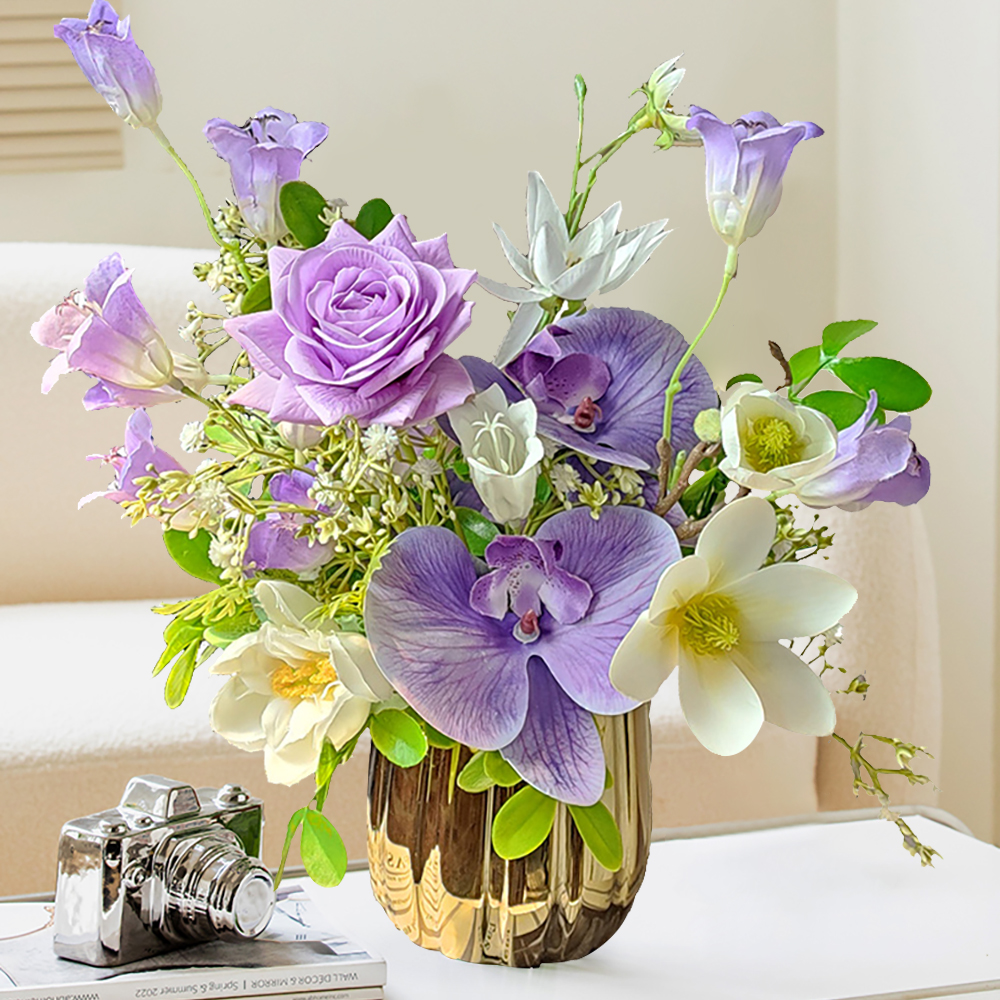 Purple Artificial Flower Arrangement in Gold Vase Fake Flower Dining Table Centerpiece