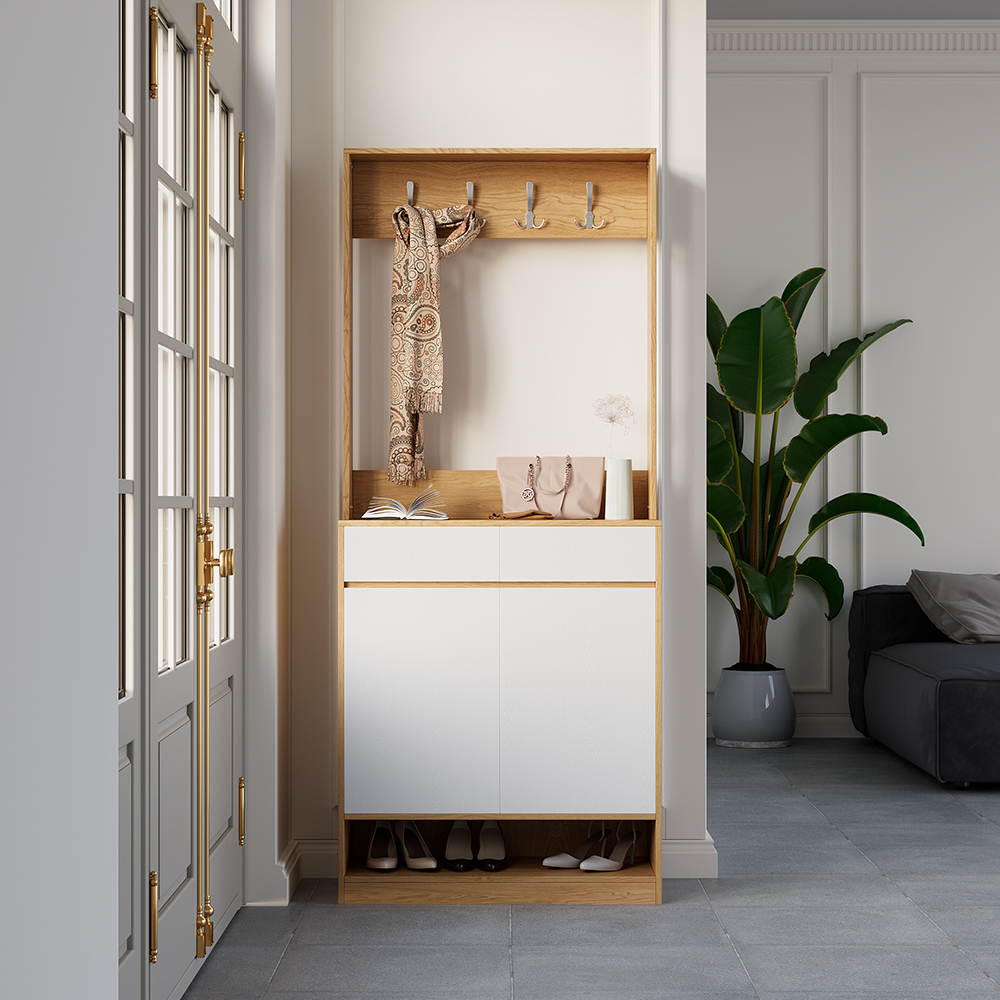 Natural White Modern Shoe Cabinet With 5 Shelves 2 Drawers 2 Doors Entryway Shoe Storage With Rich Storage in US