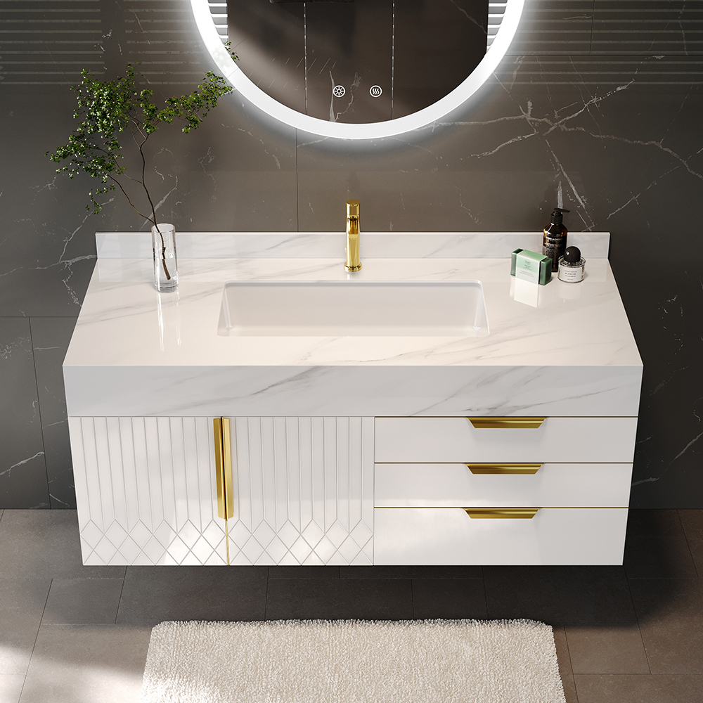35.4" Bathroom Vanity Wall Mounted Cultured Marble Top with Single Sink & Drawers White