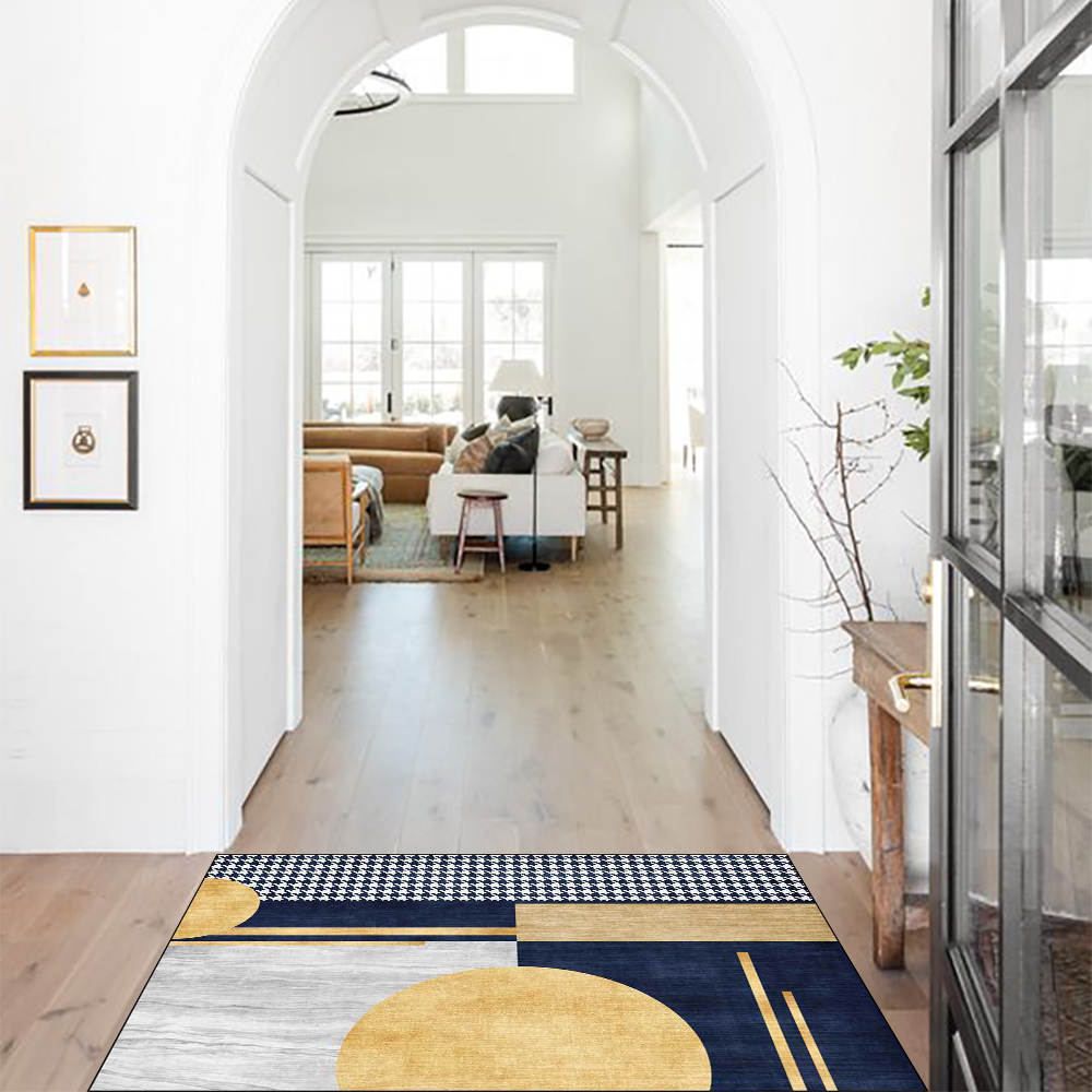 Alfombrilla de entrada moderna y geométrica con forma de pata de gallo dorada, lavable