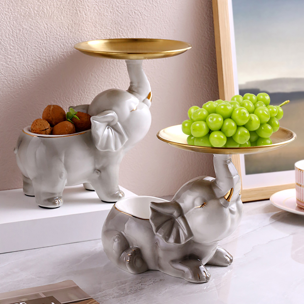 Juego de 2 cestas de frutas con forma de elefante, cuencos decorativos dorados de resina, bandejas de almacenamiento