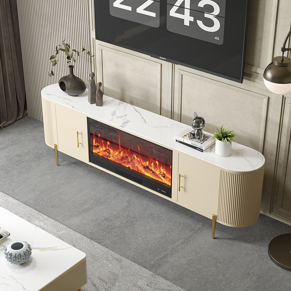 87" Sintered Stone Top Electric Fireplace TV Stand with Remote Control and Storage
