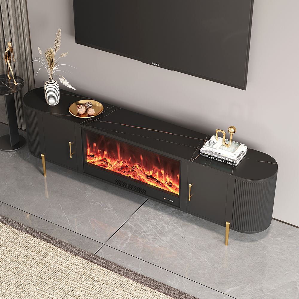 78.7" Modern Black Electric Fireplace Storage TV Stand Sintered Stone Top with Remote Control