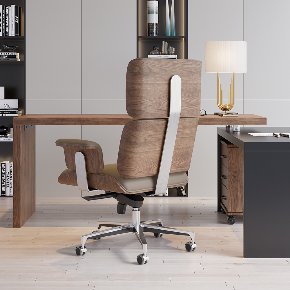 Silla de escritorio tapizada caqui, giratoria y ajustable, silla de oficina con base de madera