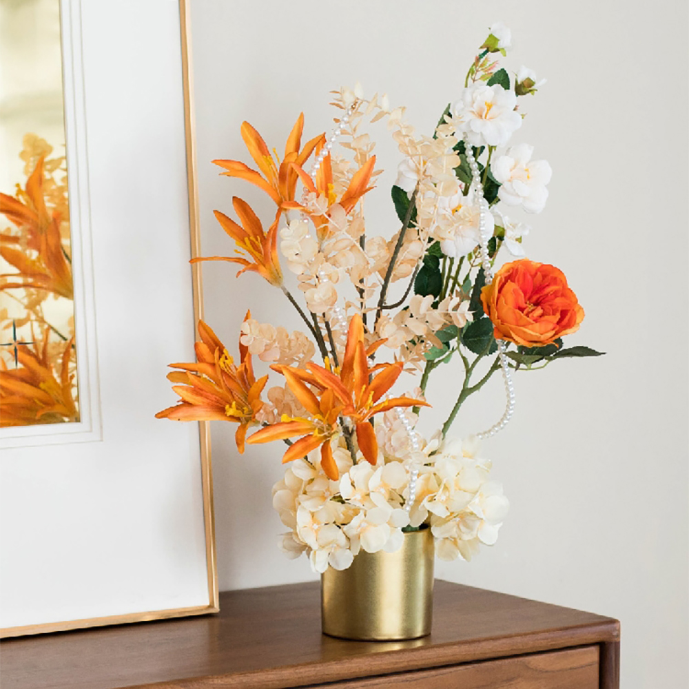 Orange Artificial Flowers in Vase Set Realistic Hydrangea Gold Ceramic Vase Home Decor
