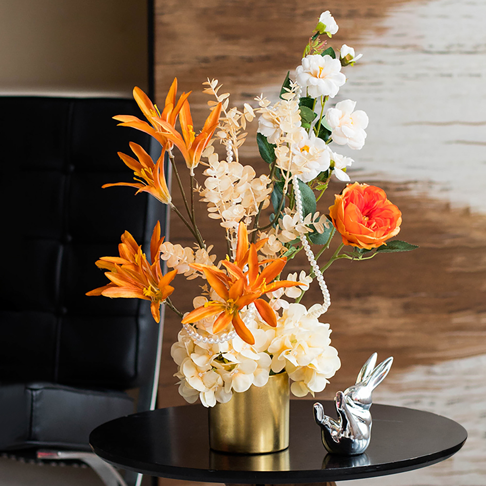 Orange Artificial Flowers in Vase Set Realistic Hydrangea Gold Ceramic Vase Home Decor
