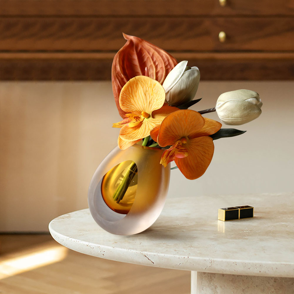Orange Artificial Flower Arrangement in Vase Clear Glass Bottle Table Fake Flower Decor
