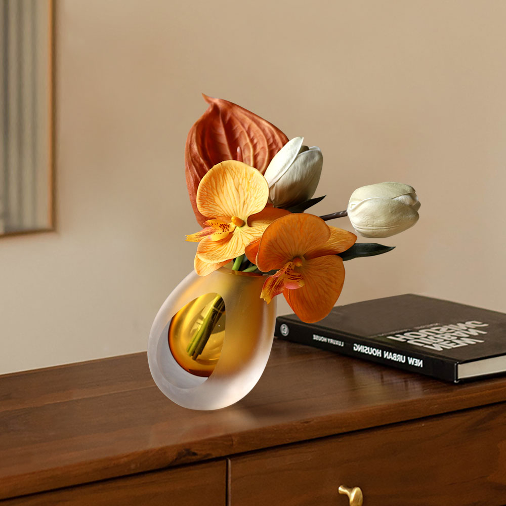 Orange Artificial Flower Arrangement in Vase Clear Glass Bottle Table Fake Flower Decor