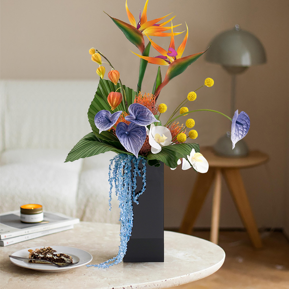 Modern Iris Artificial Flowers Arrangement in Vase Black Acrylic Vase Fake Flower Decor in US
