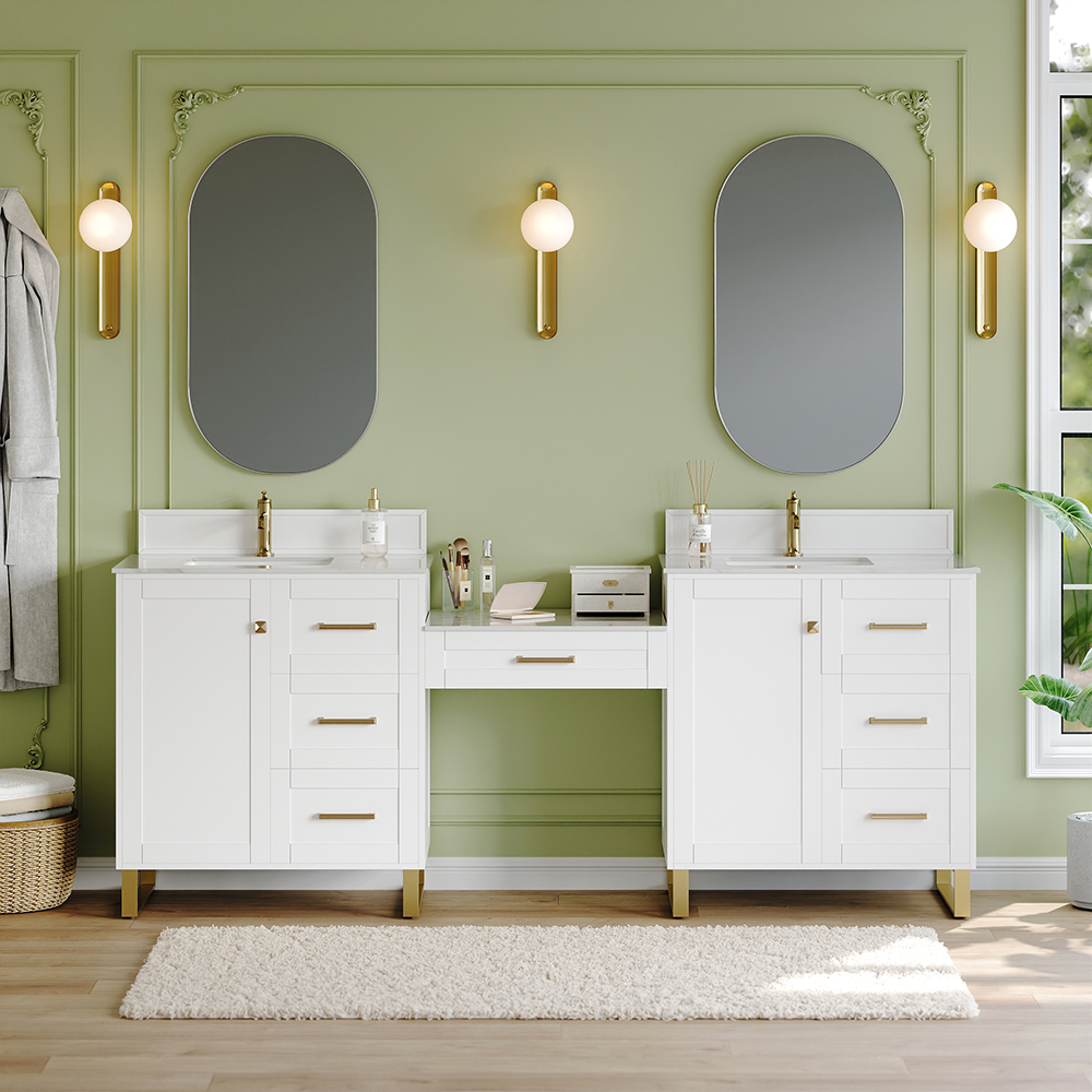 86" White Freestanding Double Sink Bathroom Vanity Set With Makeup Table Marble Top in US