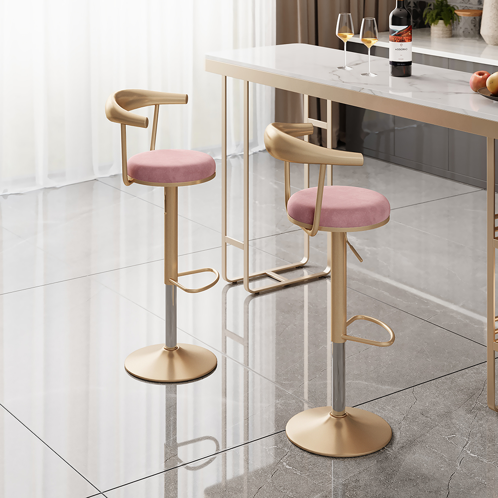 Taburete de bar moderno, ajustable, de lujo accesible, con giro y tapizado en terciopelo rosa