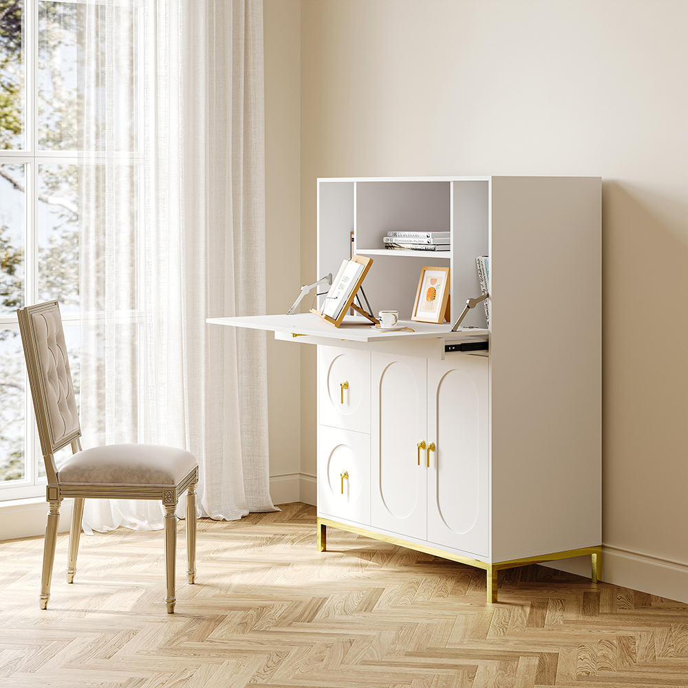 39.4" Modern White & Gold Secretary Desk with 3 Drawers and 3 Doors Flip Design