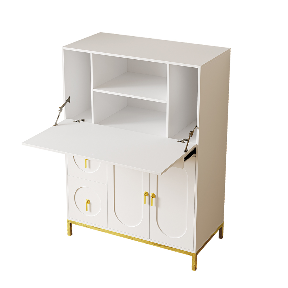 39.4" Modern White & Gold Secretary Desk with 3 Drawers and 3 Doors Flip Design