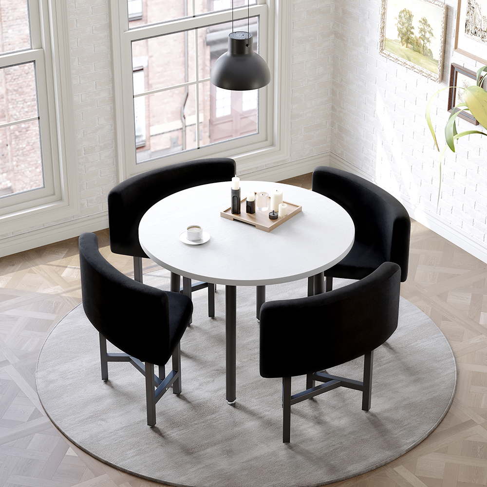 Dining Table Set 39.4" Round Wood Dining Table & 4 Black Upholstered Chairs