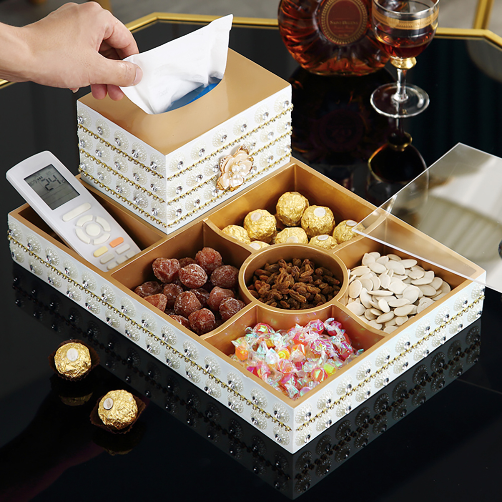 Gold White Divided Serving Tray With Lid Tissue Box Resin Snack Storage Container in US