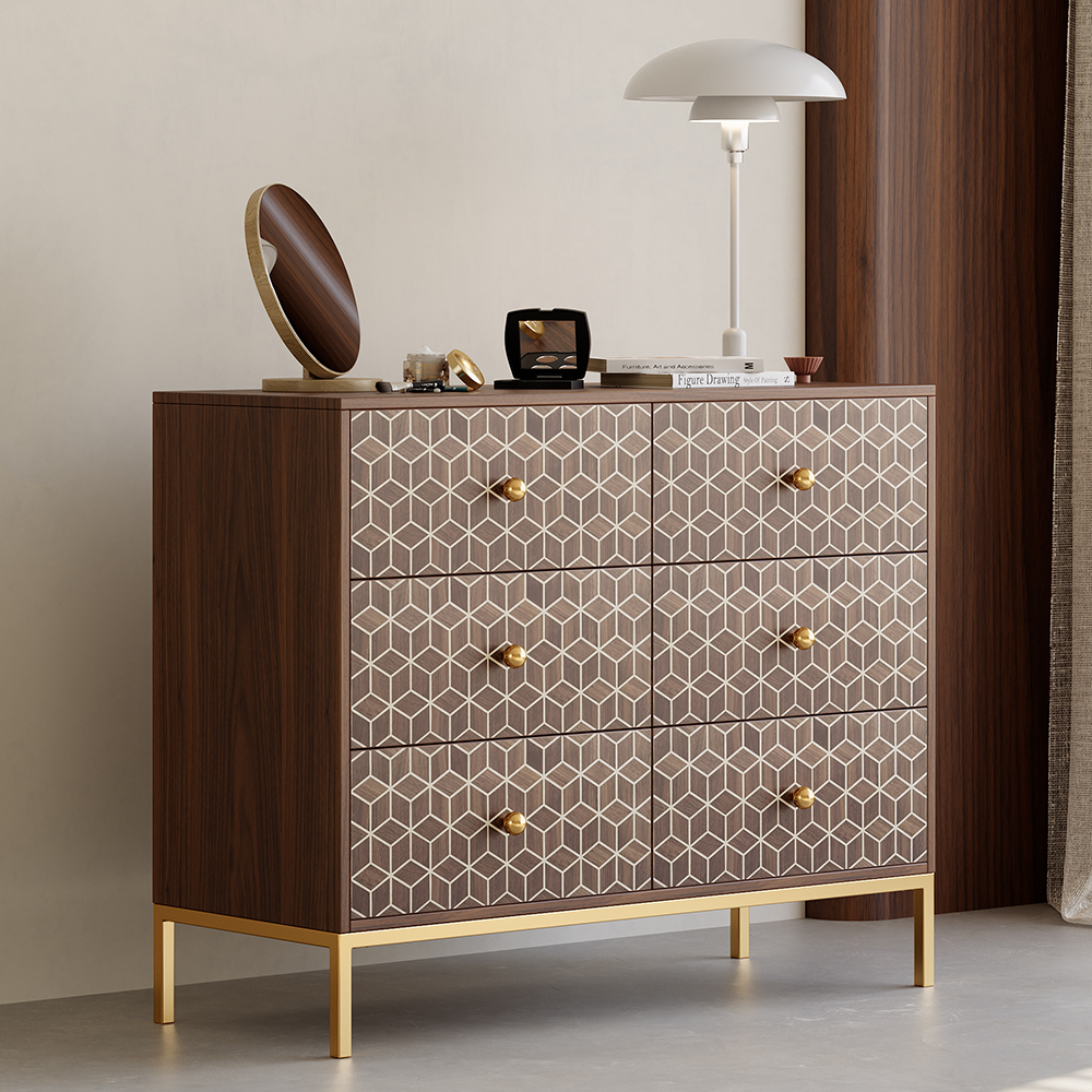 39.4"w Art Deco 6 Drawer Small Dresser Walnut Chest Storage Cabinet in US