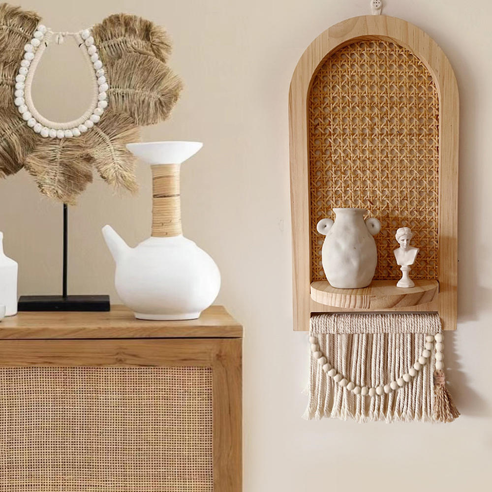 Wood Rattan Floating Shelf Japandi Wall Decor With Tassel in US
