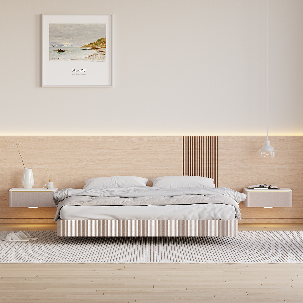 Modern Floating Corduroy Smart Nightstand Bedside Table with Light