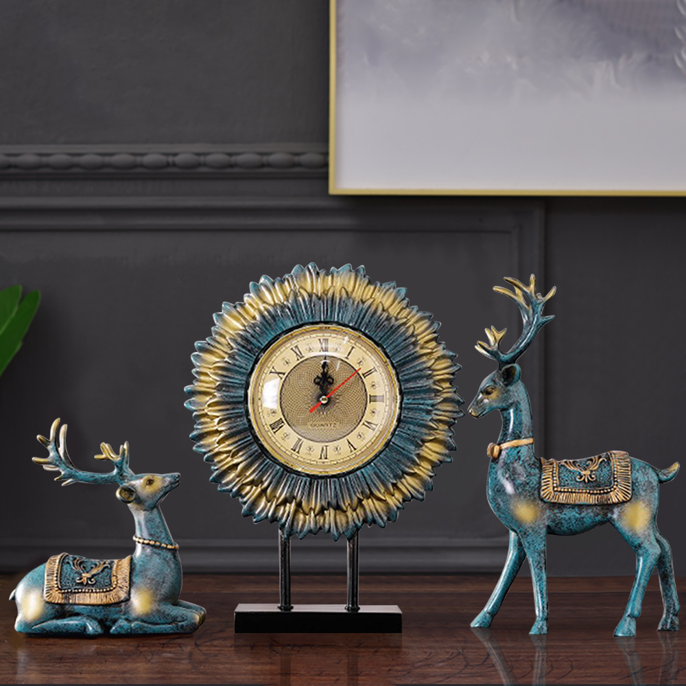 3pcs Arrangement European Resin Table Clocks Retro Lucky Elk Desktop Decoration in US