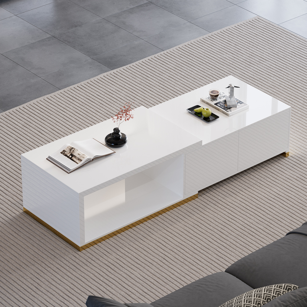 Mordelle 70.8" Modern Rectangle Glossy White Extendable Coffee Table With 2 Drawers in US