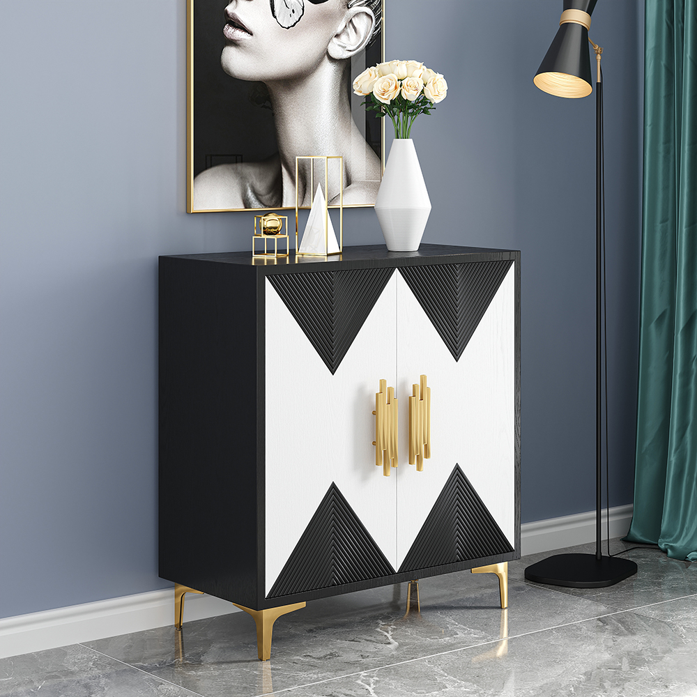 Wovuna Black & White Sideboard Buffet 2 Doors & 3 Shelves Accent Cabinet Gold in Small